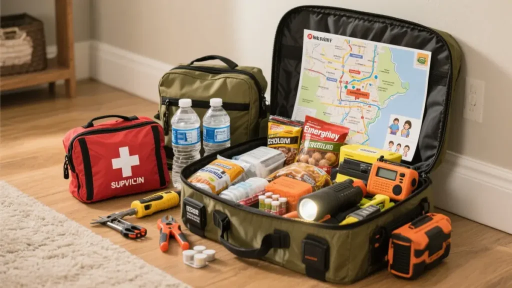 Kit de supervivencia doméstico personalizado y organizado.