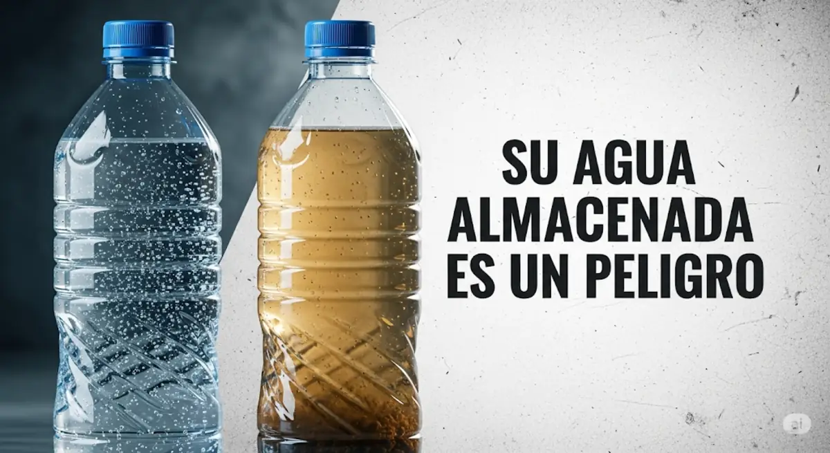Botellas de agua, una limpia y otra sucia, con la advertencia "Su agua emergencia almacenada es un peligro"