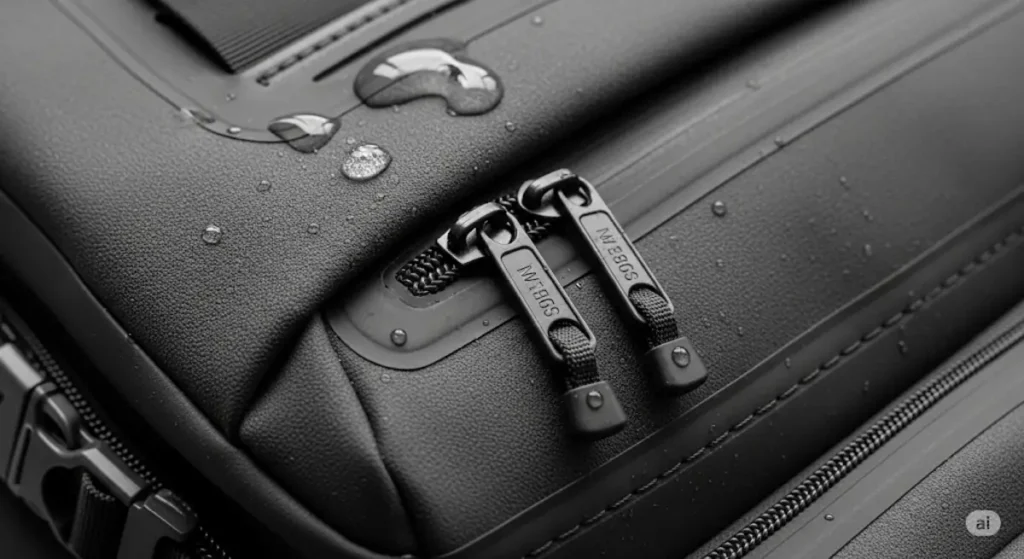 Primer plano del tejido duradero y cremalleras selladas de una mochila impermeable.