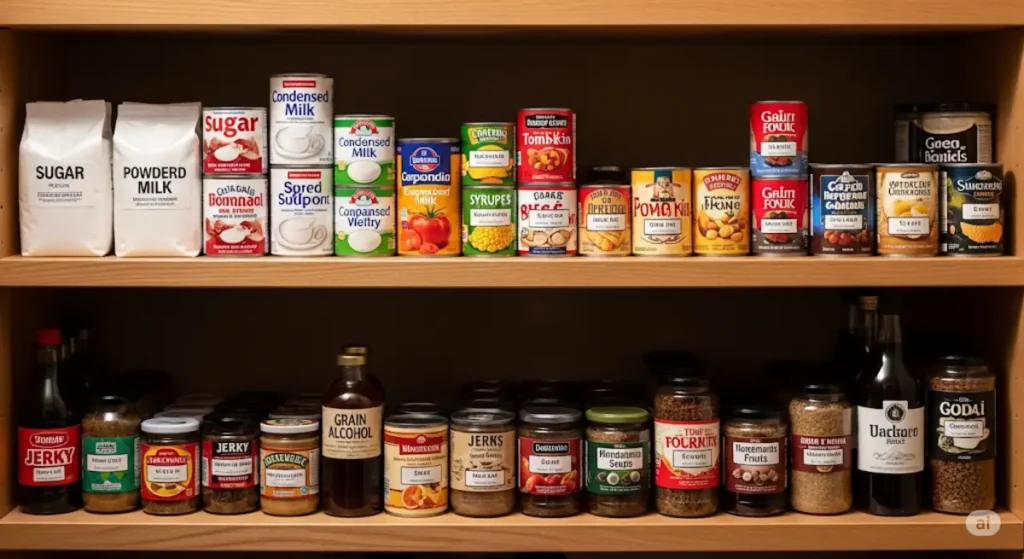 Variedad de azúcar, leche en polvo, leche condensada, vegetales y frutas enlatadas, sopas, carne seca, alcohol de cereales, conservas caseras y condimentos secos para una despensa de emergencia completa.