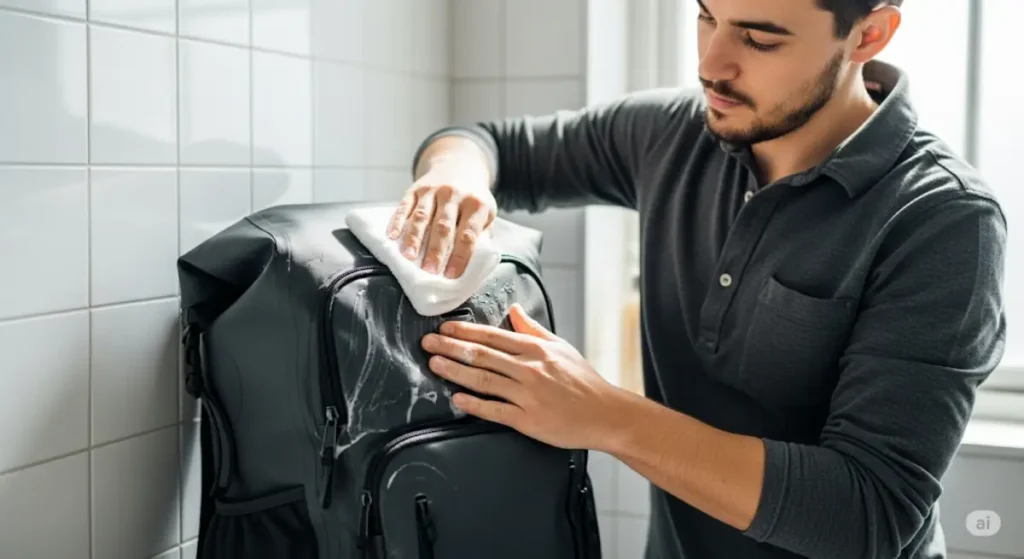 Hombre limpiando y revisando una mochila impermeable para mantenimiento.